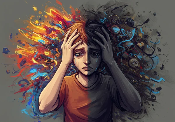 Person overwhelmed by extreme mood swings, showing stress