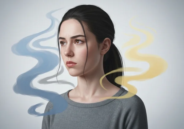 Wanita merenung, menunjukkan perjuangan dalaman dan kekeliruan