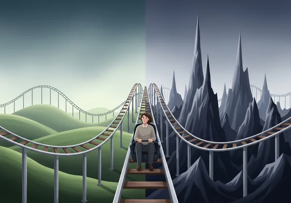 Seseorang di atas rollercoaster emosi, melambangkan perubahan mood.