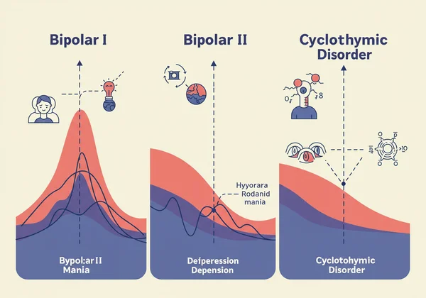 Infographic comparing Bipolar I, Bipolar II, Cyclothymia.