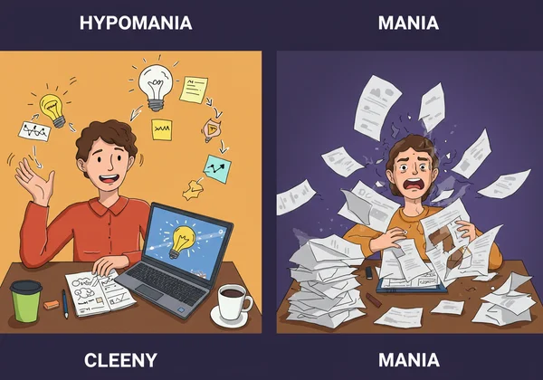 Split image of productive hypomania and chaotic mania.